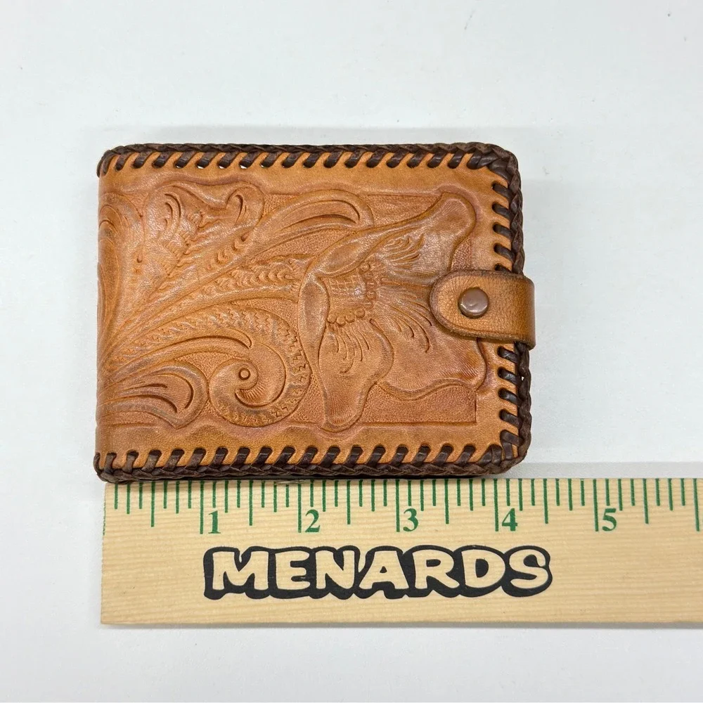 Vtg Joo-Kay Real Leather Tooled Floral Bifold Wallet Western Whipstitch Brown